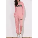 Active Emoji Printed Hooded Pullover Hoodie and Elastic Waist Pants Twinset For Women - Pink
