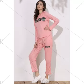 Active Emoji Printed Hooded Pullover Hoodie and Elastic Waist Pants Twinset For Women - Pink