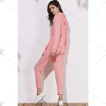 Active Emoji Printed Hooded Pullover Hoodie and Elastic Waist Pants Twinset For Women - Pink