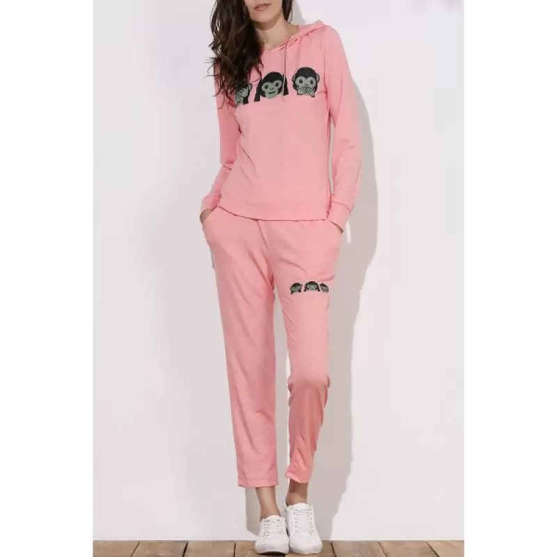Active Emoji Printed Hooded Pullover Hoodie and Elastic Waist Pants Twinset For Women - Pink