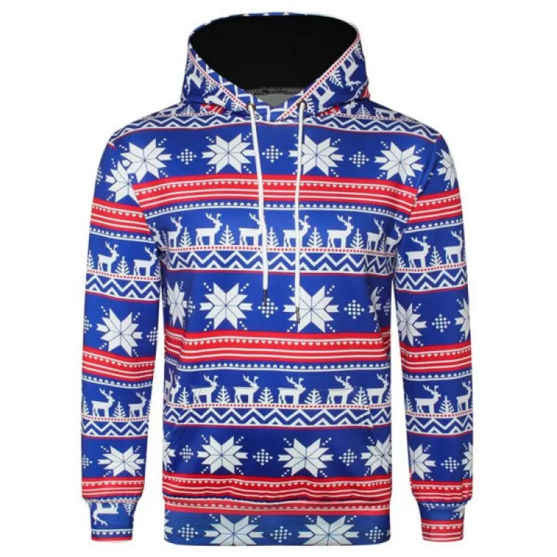 Allover nowflake Print Big Pocket Hoodie - Ocean Blue