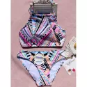 Alluring Colored Geometry Print Spaghetti Strap Women's Bikini Set - Pink