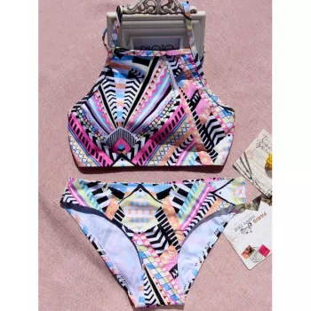 Alluring Colored Geometry Print Spaghetti Strap Women's Bikini Set - Pink