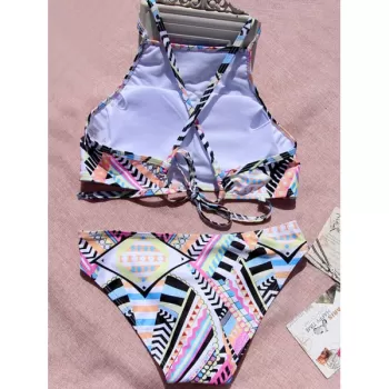 Alluring Colored Geometry Print Spaghetti Strap Women's Bikini Set - Pink