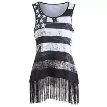 American Flag Tank Top with Fringe - Black