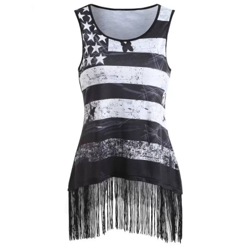 American Flag Tank Top with Fringe - Black