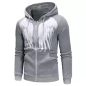 Angel Wings Print Zipper Drawstring Hoodie - Light Gray