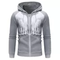 Angel Wings Print Zipper Drawstring Hoodie - Light Gray