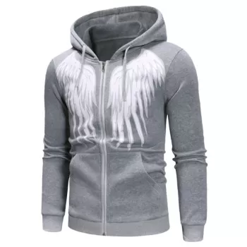 Angel Wings Print Zipper Drawstring Hoodie - Light Gray