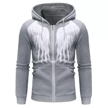 Angel Wings Print Zipper Drawstring Hoodie - Light Gray