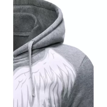 Angel Wings Print Zipper Drawstring Hoodie - Light Gray