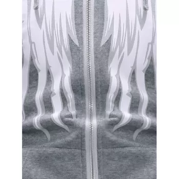 Angel Wings Print Zipper Drawstring Hoodie - Light Gray