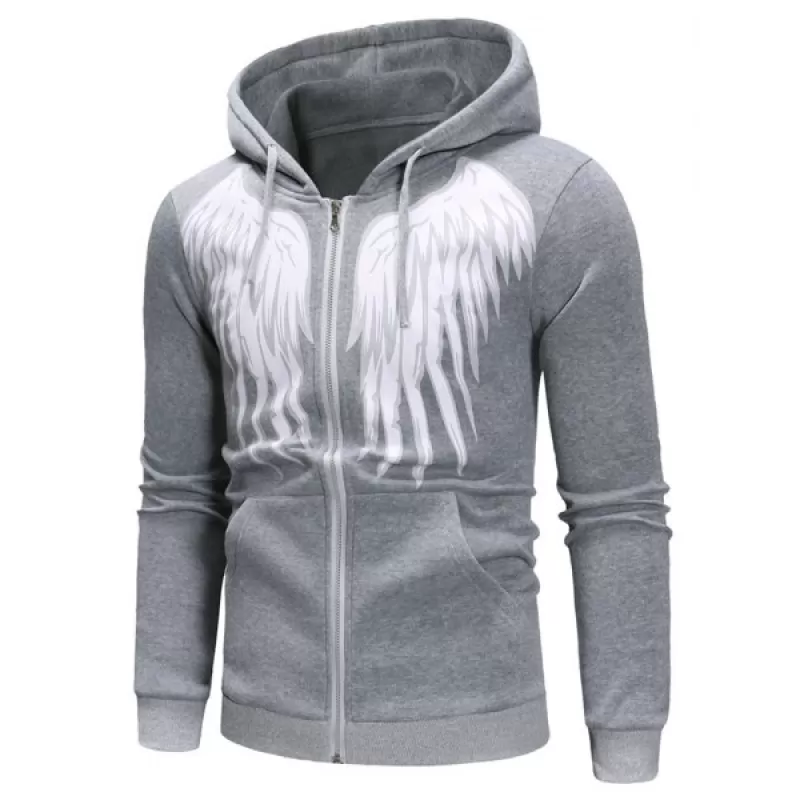 Angel Wings Print Zipper Drawstring Hoodie - Light Gray