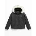 Applique Faux Fur Hoodie PU Parka Coat - Black
