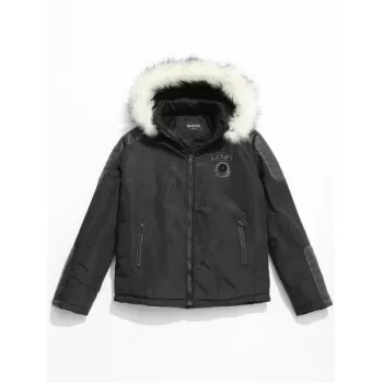 Applique Faux Fur Hoodie PU Parka Coat - Black