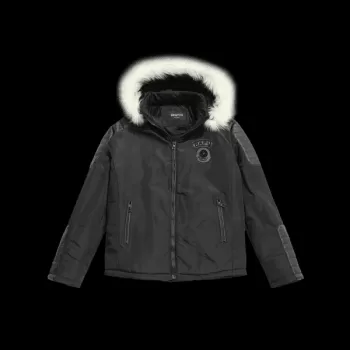 Applique Faux Fur Hoodie PU Parka Coat - Black