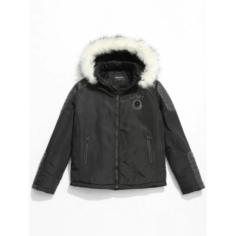 Applique Faux Fur Hoodie PU Parka Coat - Black