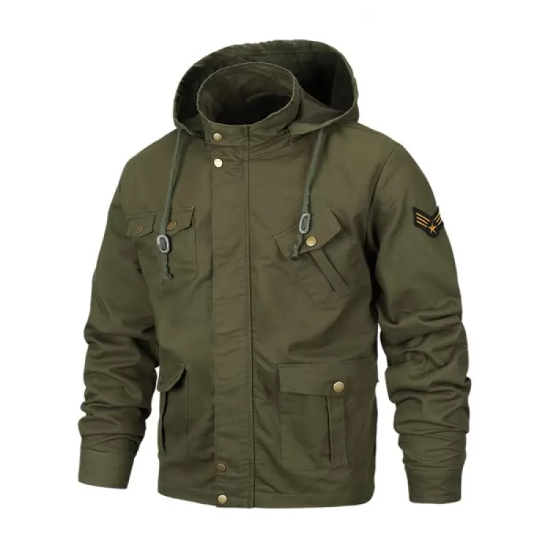 Applique Zipper Casual Hooded Jacket - Army Green