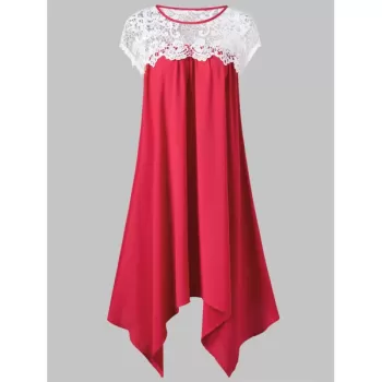 Asymmetric Lace Insert ini Dress - Red