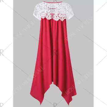 Asymmetric Lace Insert ini Dress - Red