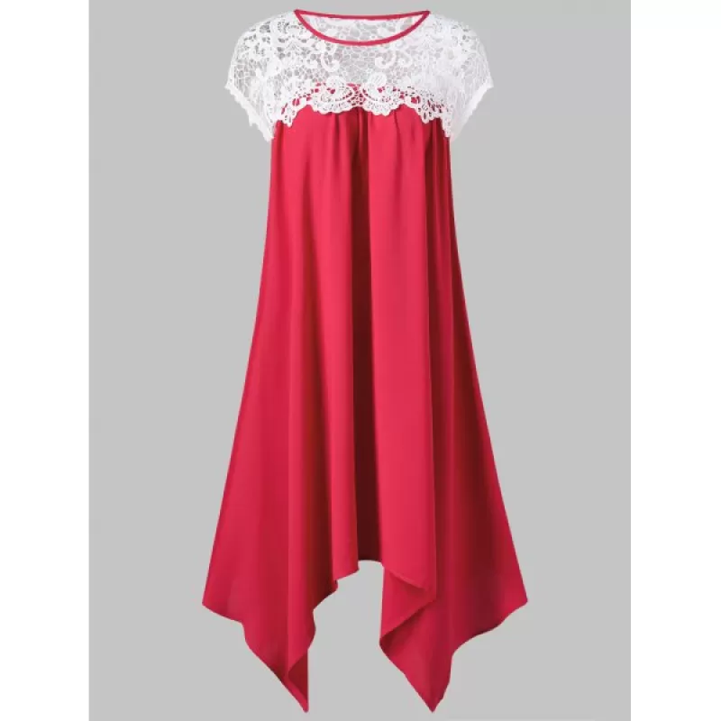 Asymmetric Lace Insert ini Dress - Red