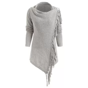 Asymmetrical Fringed Hem Cardigan - Gray Goose