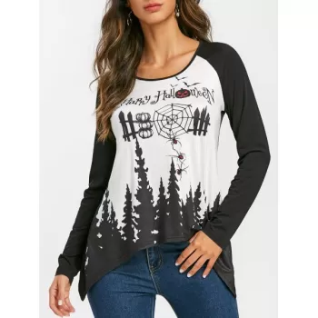 Asymmetrical Printed Halloween T-shirt - Black