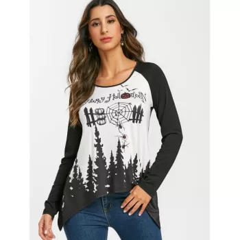 Asymmetrical Printed Halloween T-shirt - Black