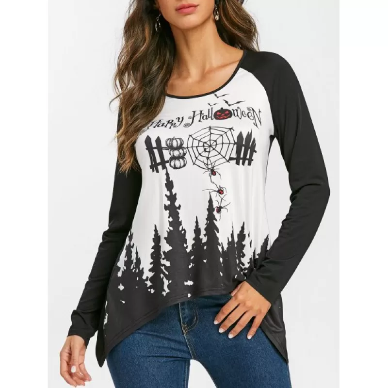 Asymmetrical Printed Halloween T-shirt - Black