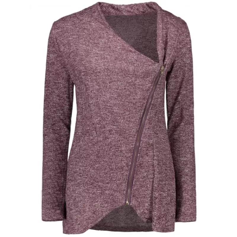 Asymmetrical Zippered Women's Sweatshirt - Dark Auburn