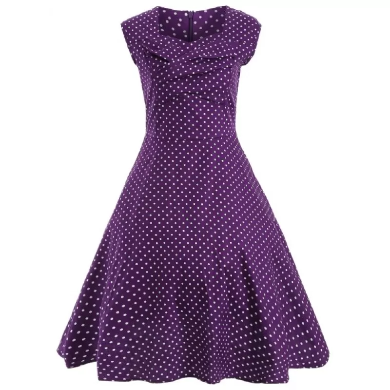 Audrey Hepburn Style Tiny Polka Dot Pattern Swing Skater Dress - Purple