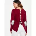 Back Lace Up Elbow Patch Top - Red