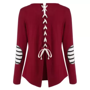 Back Lace Up Elbow Patch Top - Red