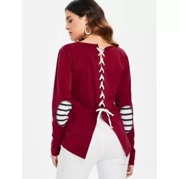 Back Lace Up Elbow Patch Top - Red