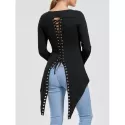 Back Lace-up Long Sleeve High Low Top - Black