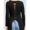 Back Lace-up Long Sleeve High Low Top - Black