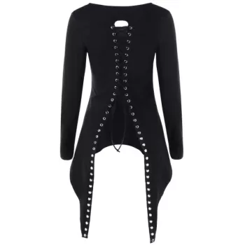 Back Lace-up Long Sleeve High Low Top - Black