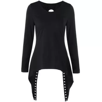 Back Lace-up Long Sleeve High Low Top - Black