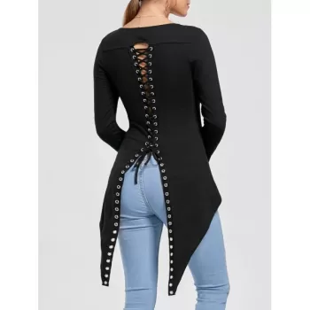 Back Lace-up Long Sleeve High Low Top - Black