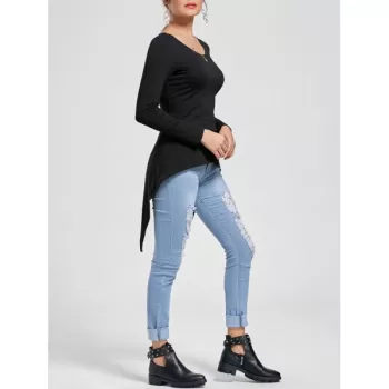 Back Lace-up Long Sleeve High Low Top - Black