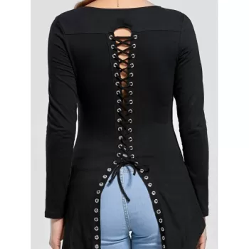 Back Lace-up Long Sleeve High Low Top - Black