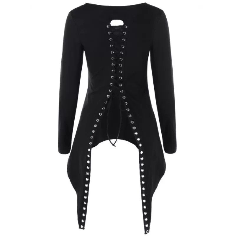 Back Lace-up Long Sleeve High Low Top - Black