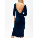 Backless Round Neck Velvet Party Tea Length Dress - Deep Blue One