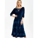 Backless Round Neck Velvet Party Tea Length Dress - Deep Blue One