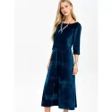 Backless Round Neck Velvet Party Tea Length Dress - Deep Blue One