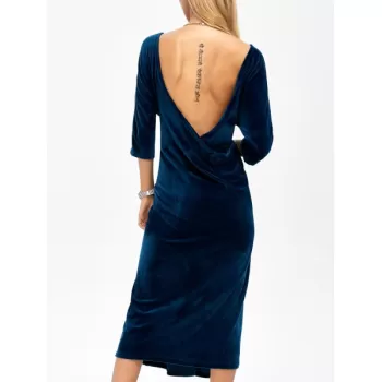 Backless Round Neck Velvet Party Tea Length Dress - Deep Blue One