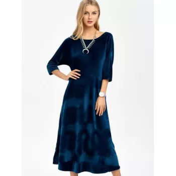 Backless Round Neck Velvet Party Tea Length Dress - Deep Blue One