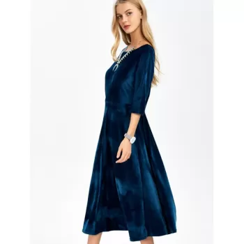 Backless Round Neck Velvet Party Tea Length Dress - Deep Blue One