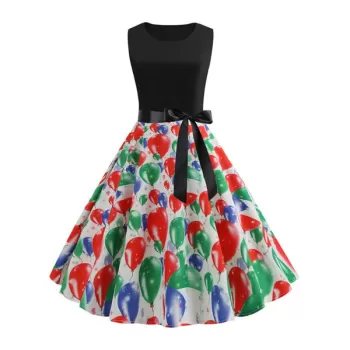 Balloons Heart Print Belted A Line Dress - White