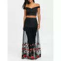Bardot Floral Embroidery Two Piece Dress - Black And Red